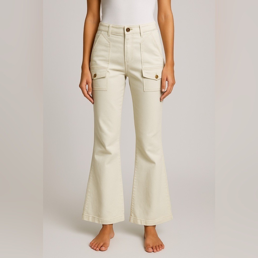 Nicole Miller Soho White High‎ Rise Flare Utility Pants Size 10 Patch Pocket